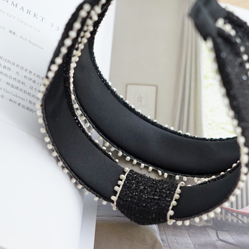 Luxury white beaded edge black tinsel headband