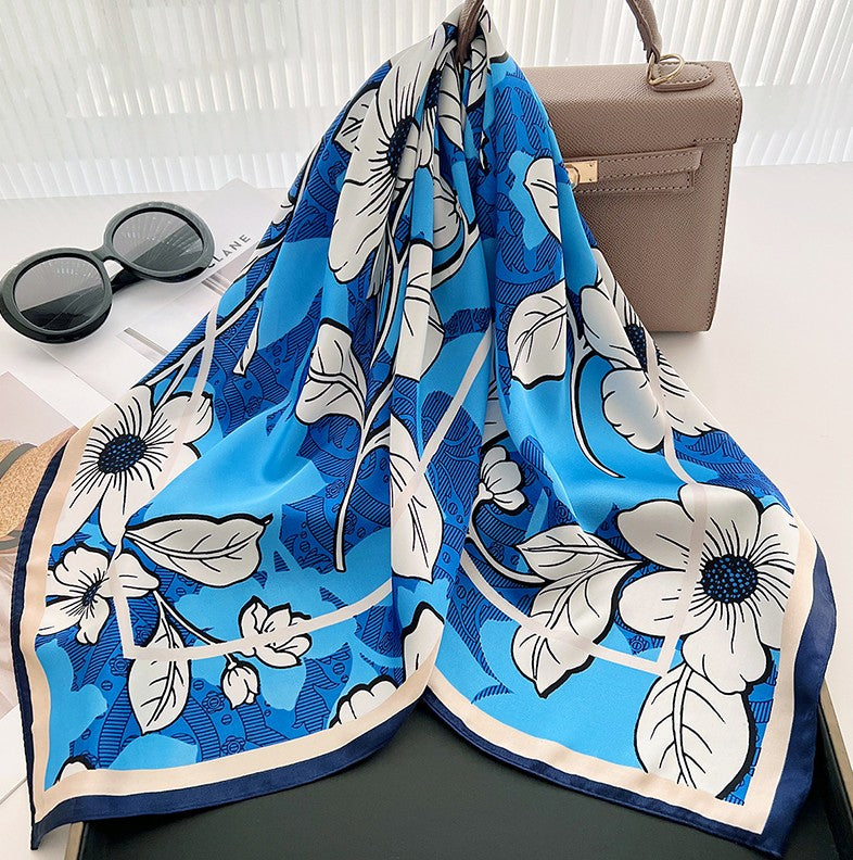 White flower blue square scarf