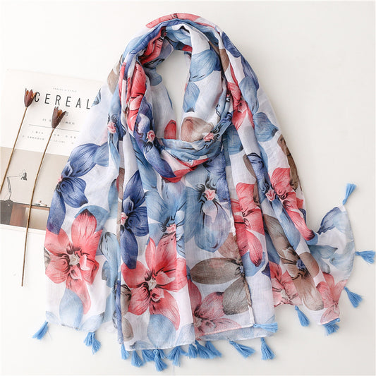 Blue red large flowers print long scarf with tassels