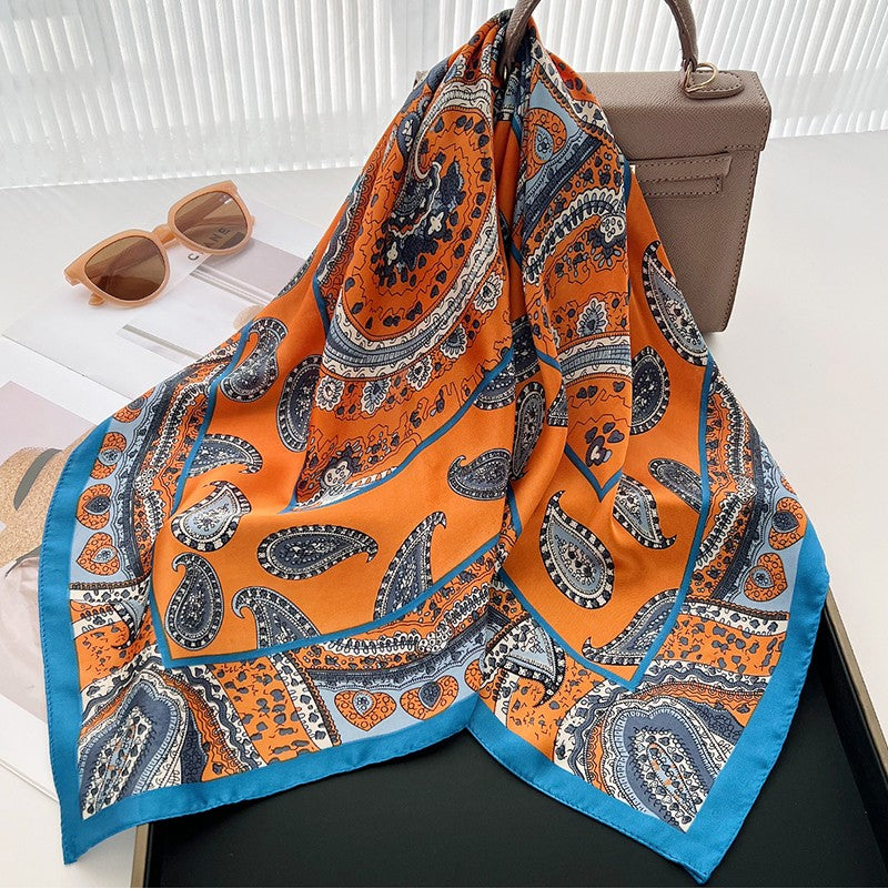 Orange teal paisley print square scarf