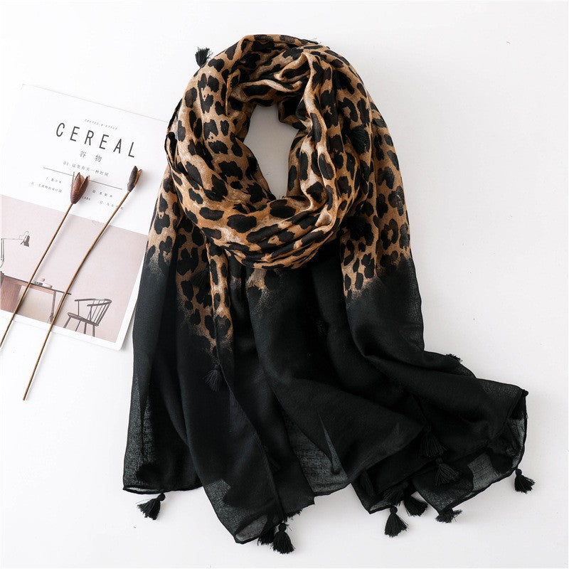 Large leopard print scarf with tassels