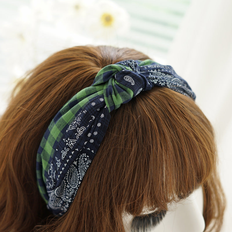 Paisley gingham knotted headband in navy green mix