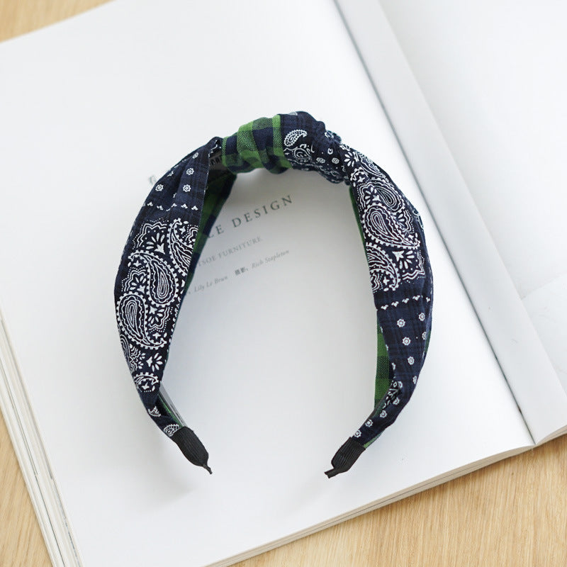 Paisley gingham knotted headband in navy green mix