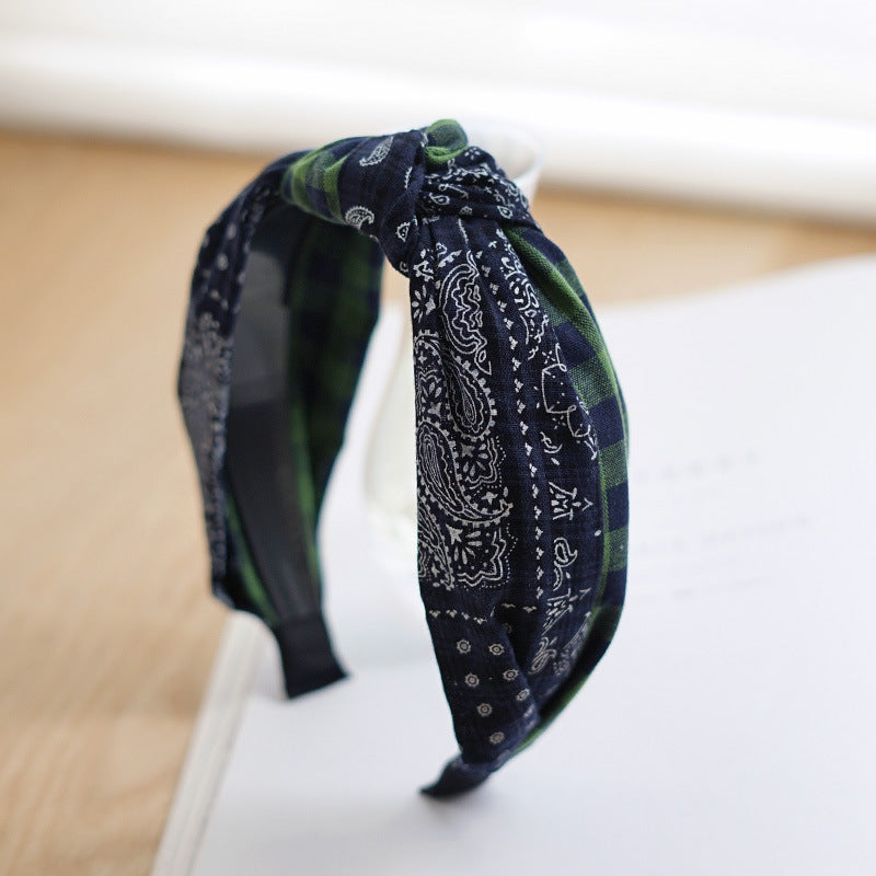 Paisley gingham knotted headband in navy green mix