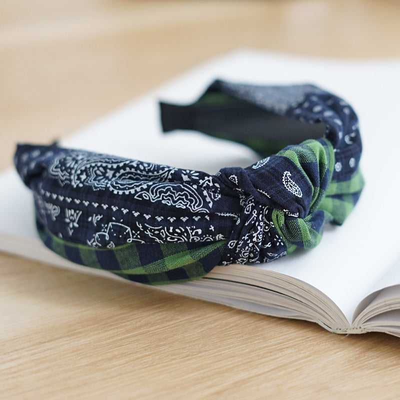Paisley gingham knotted headband in navy green mix