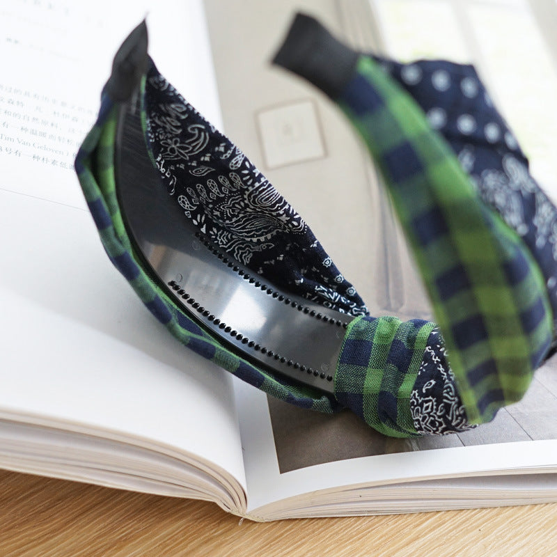 Paisley gingham knotted headband in navy green mix