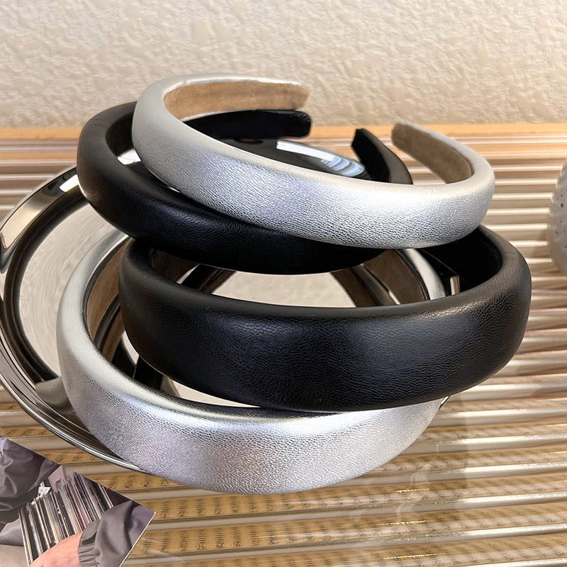 Black Silver matte leather headband