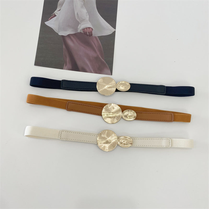 Stretchy thin belt with metallic circles buckles