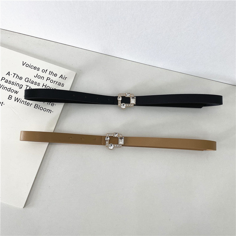 Leather thin belt with rhinestones buckle
