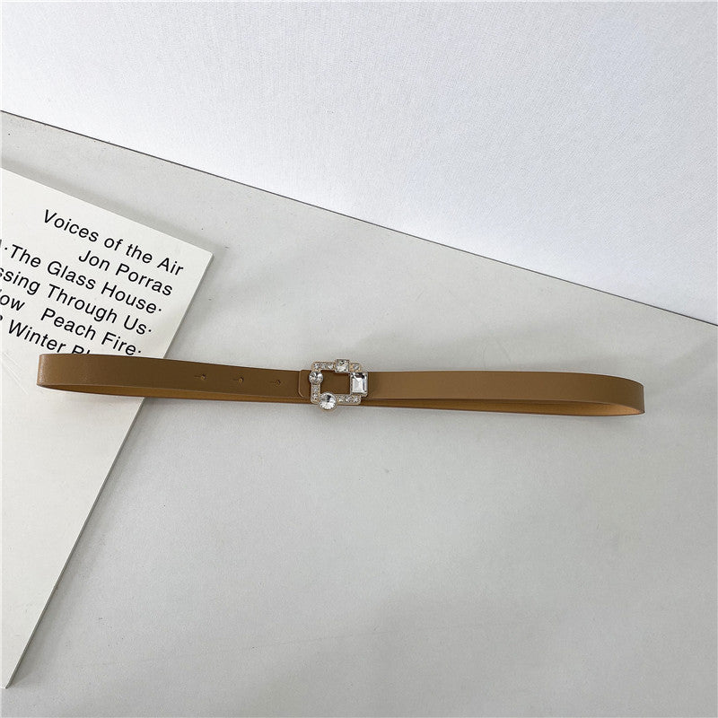 Leather thin belt with rhinestones buckle