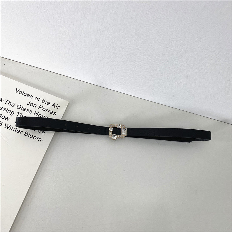 Leather thin belt with rhinestones buckle
