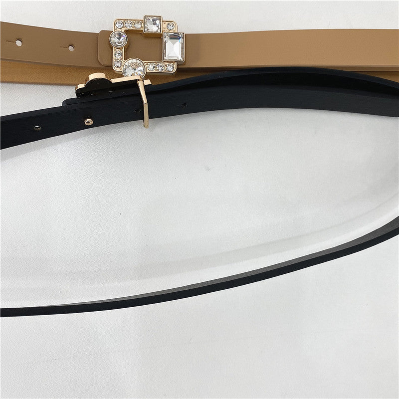 Leather thin belt with rhinestones buckle