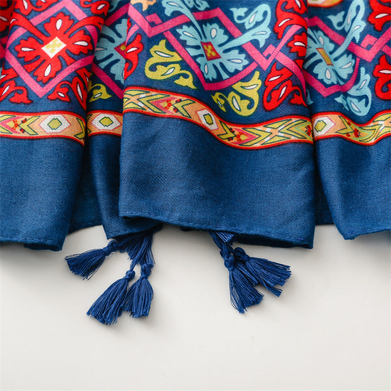 Multicoloured red navy scarf with tassels