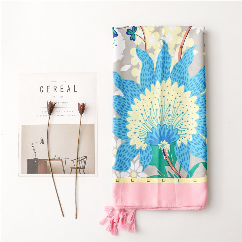 Spring floral prints scarf with tassels