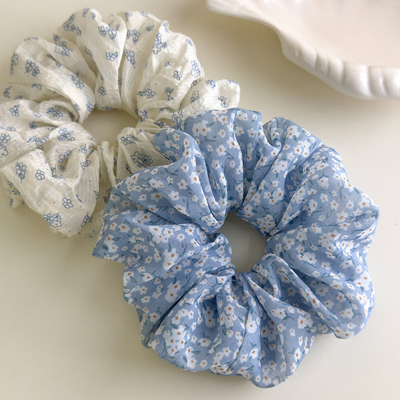 Blue chiffon floral scrunchies