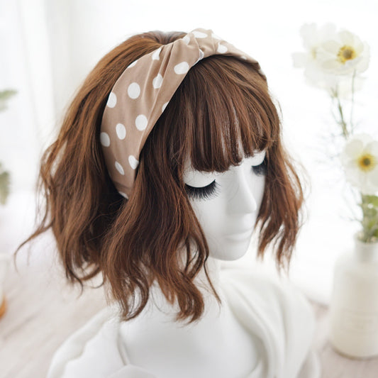 Twist top white polka dots khaki wide headband