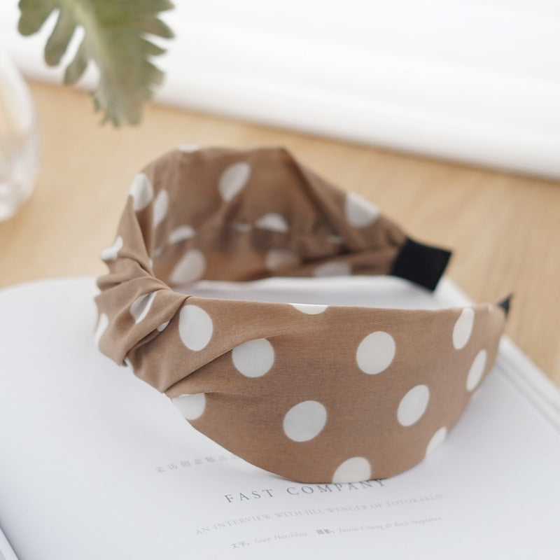 Twist top white polka dots khaki wide headband