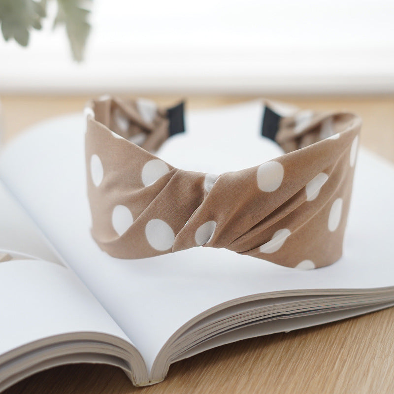 Twist top white polka dots khaki wide headband