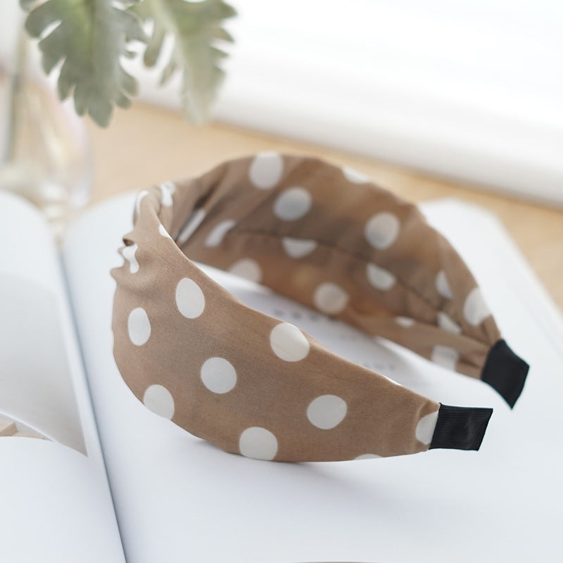 Twist top white polka dots khaki wide headband