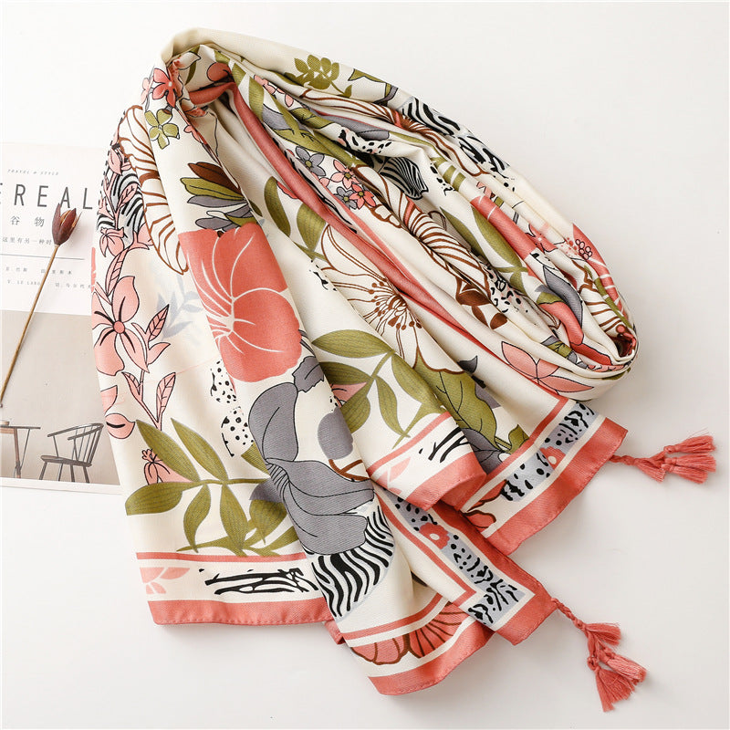 Spring floral prints scarf with tassels