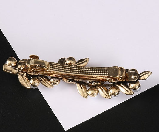 Black gold metallic leaves hair barrette with white pearls