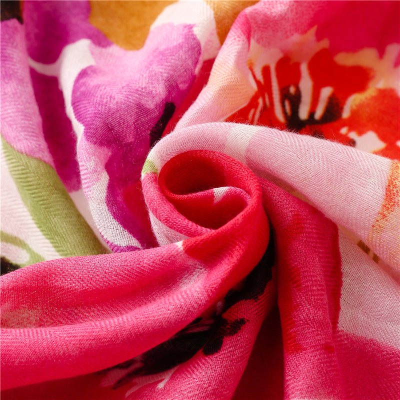 Wet paint large flowers printed scarf with tassels