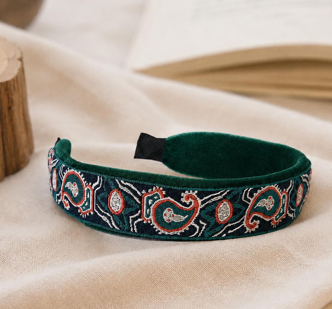 Embroidered paisley velvet headband