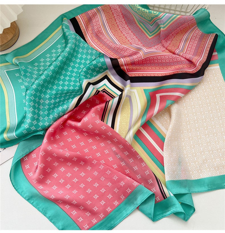 Green pink print square scarf