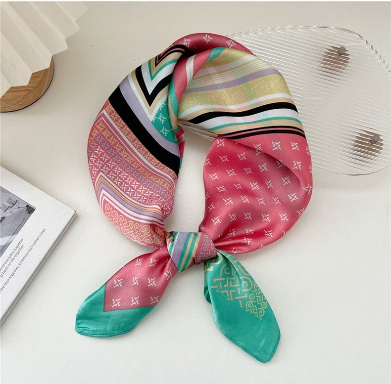 Green pink print square scarf