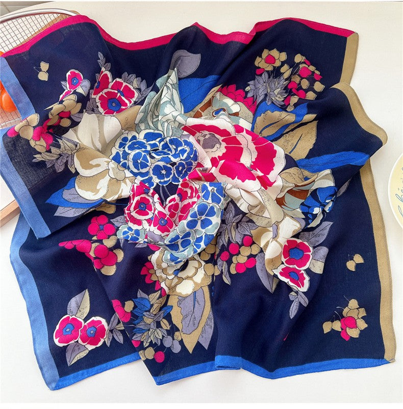 Blue pink flowers navy square scarf