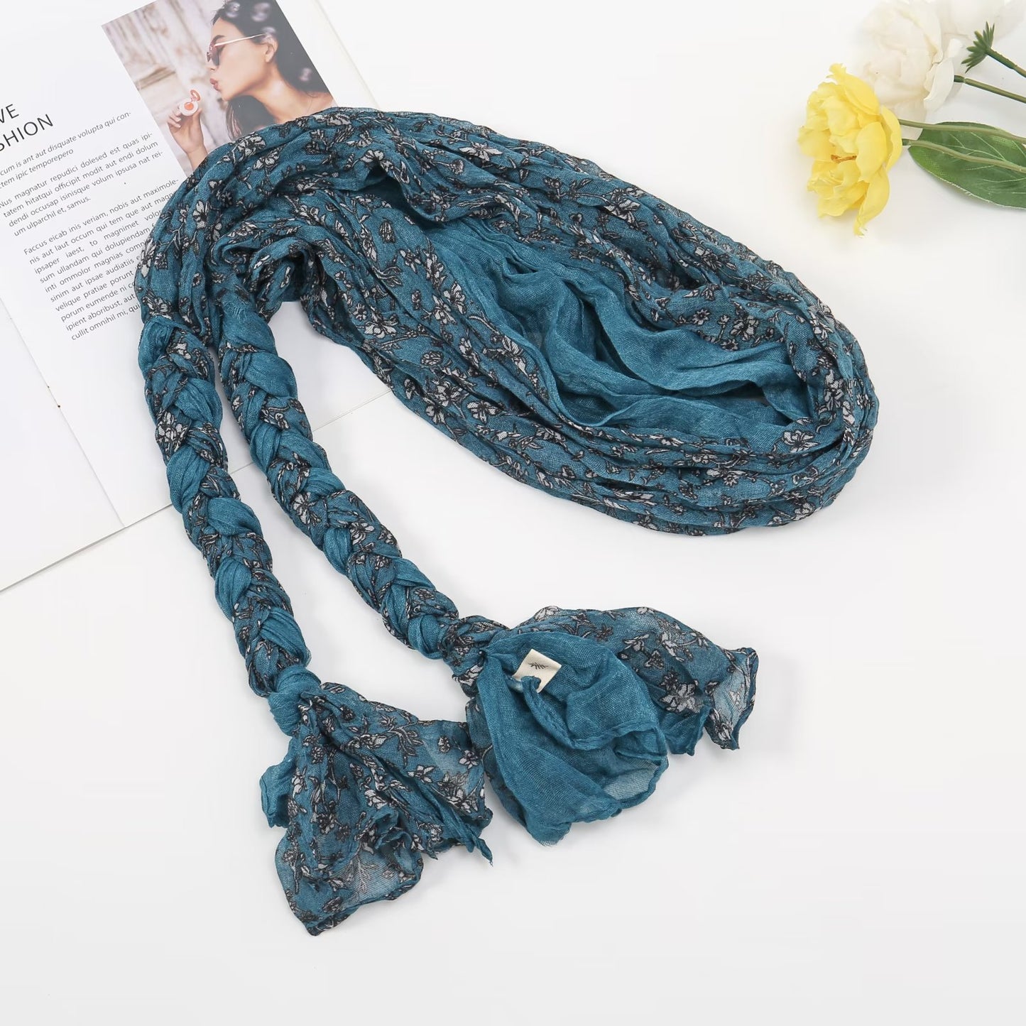Floral headscarf with braided ends