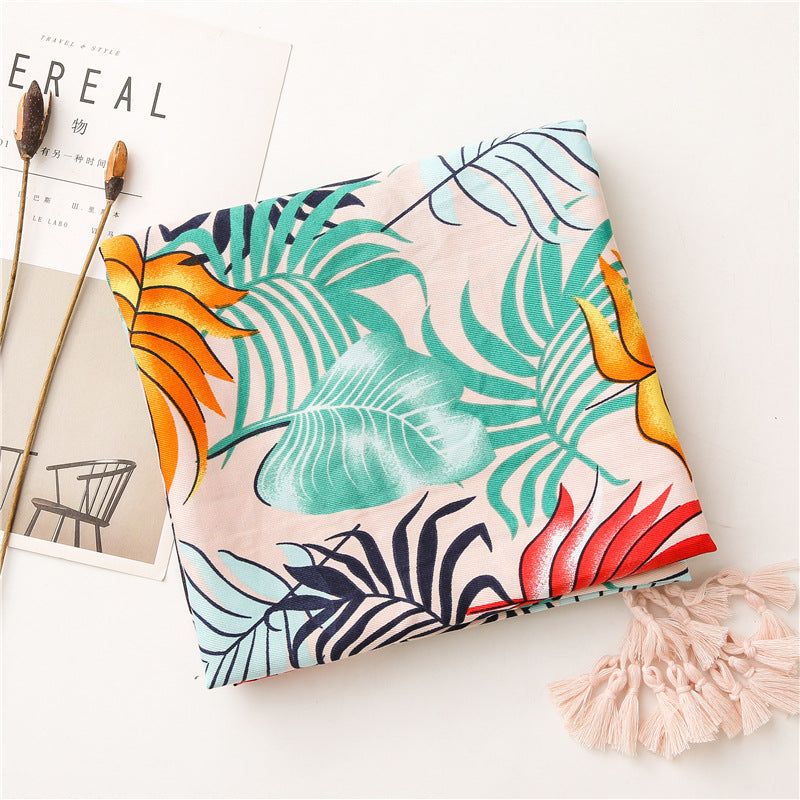 Multicoloured large tropical leaves printed scarf with tassels