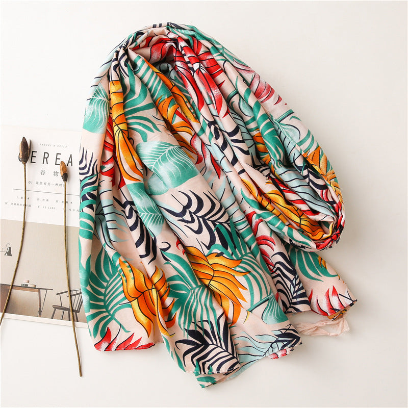 Multicoloured large tropical leaves printed scarf with tassels
