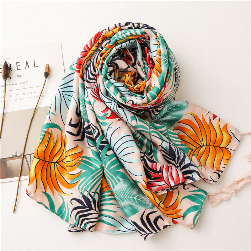 Multicoloured large tropical leaves printed scarf with tassels