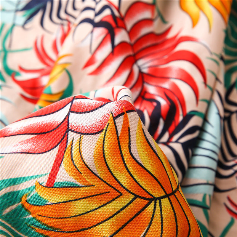 Multicoloured large tropical leaves printed scarf with tassels