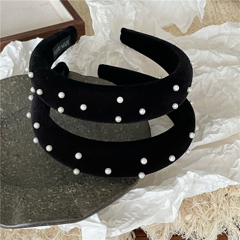 Black velvet headband with white pearls