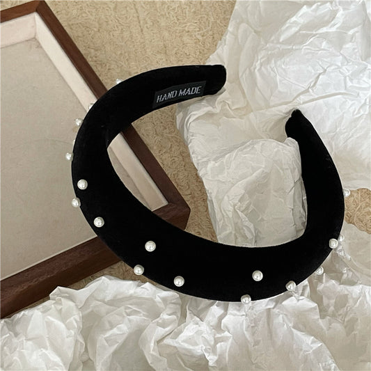 Black velvet headband with white pearls