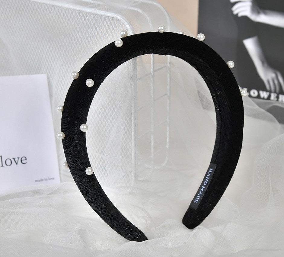 Black velvet headband with white pearls
