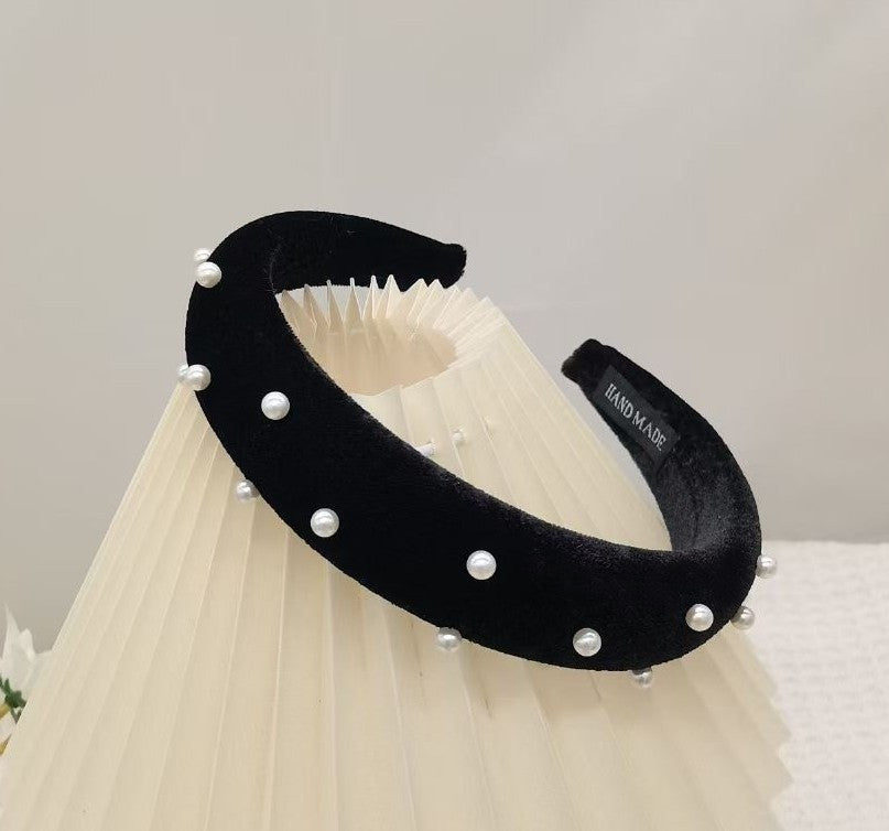Black velvet headband with white pearls