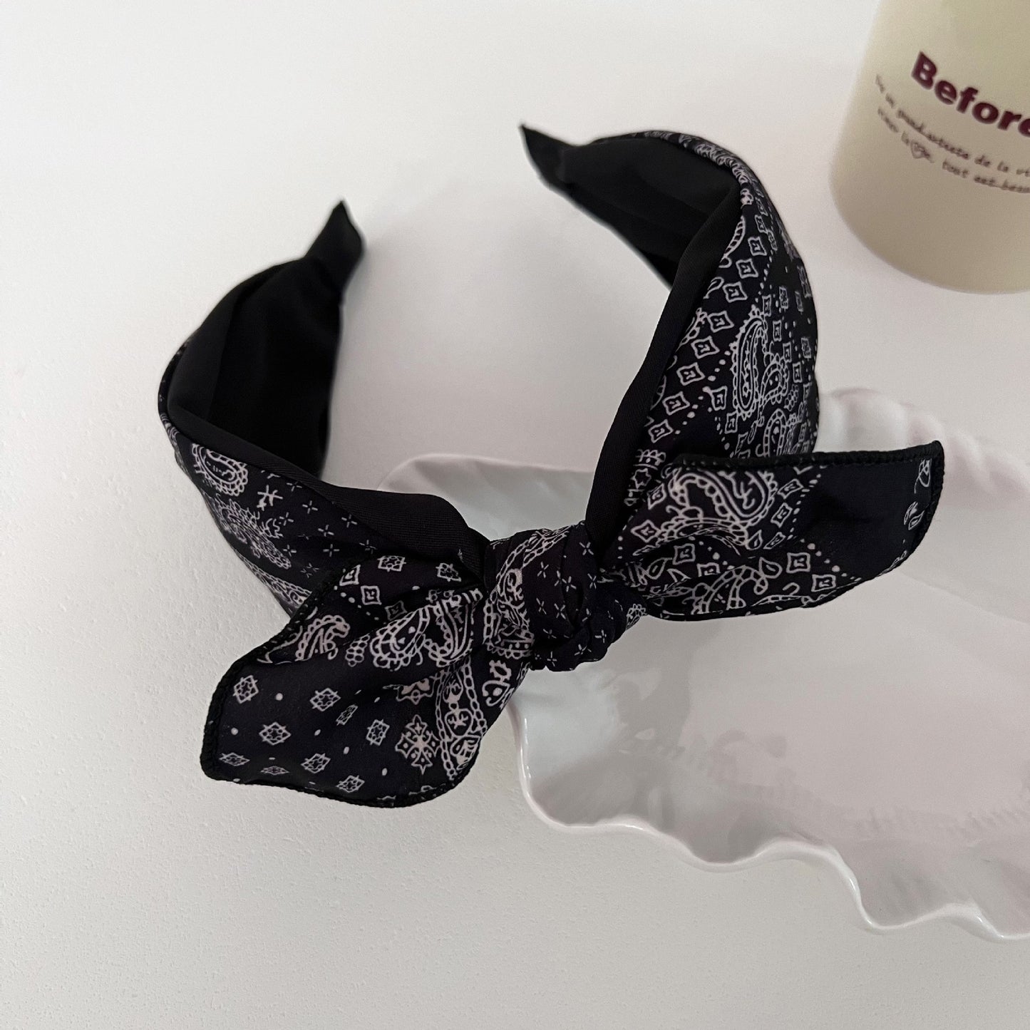Paisley print black headband with bow