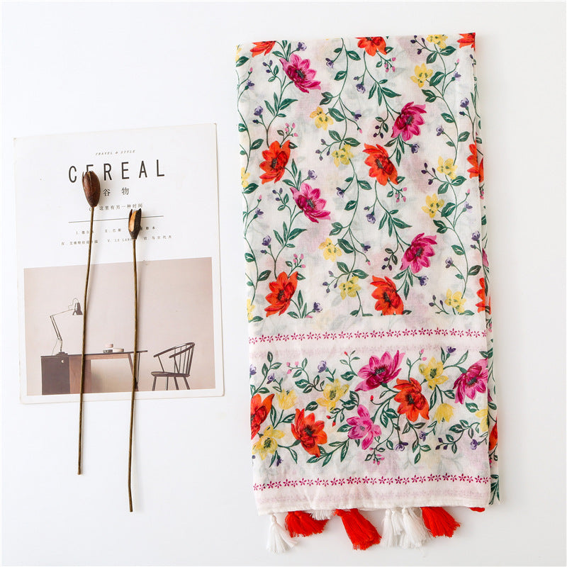 Red flowers green branches print scarf with tassels