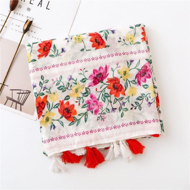Red flowers green branches print scarf with tassels