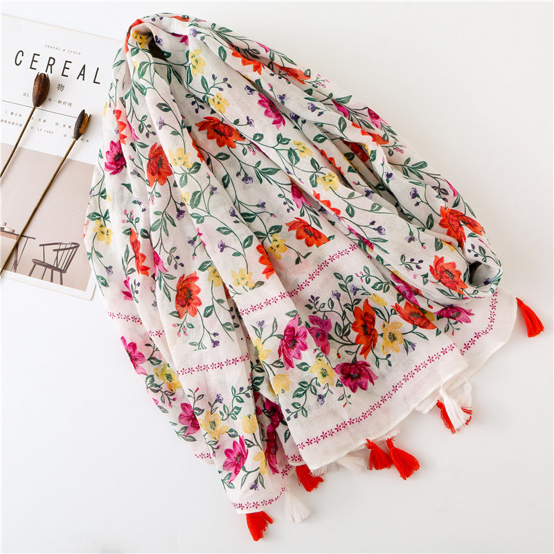 Red flowers green branches print scarf with tassels