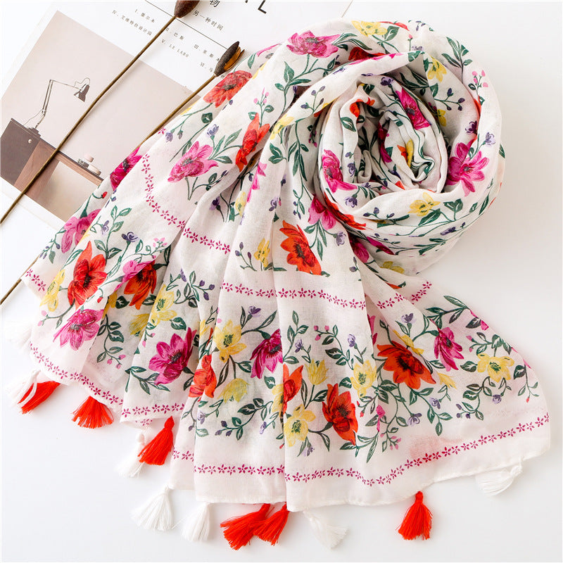 Red flowers green branches print scarf with tassels