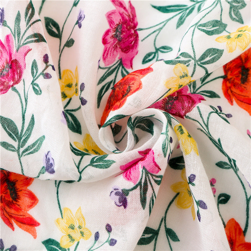 Red flowers green branches print scarf with tassels