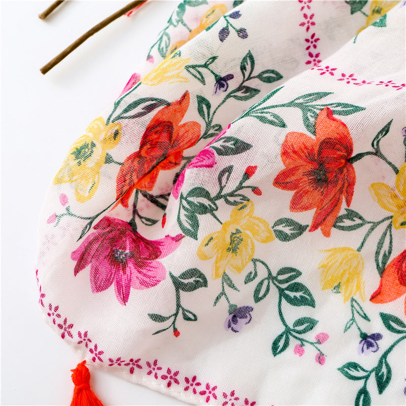 Red flowers green branches print scarf with tassels