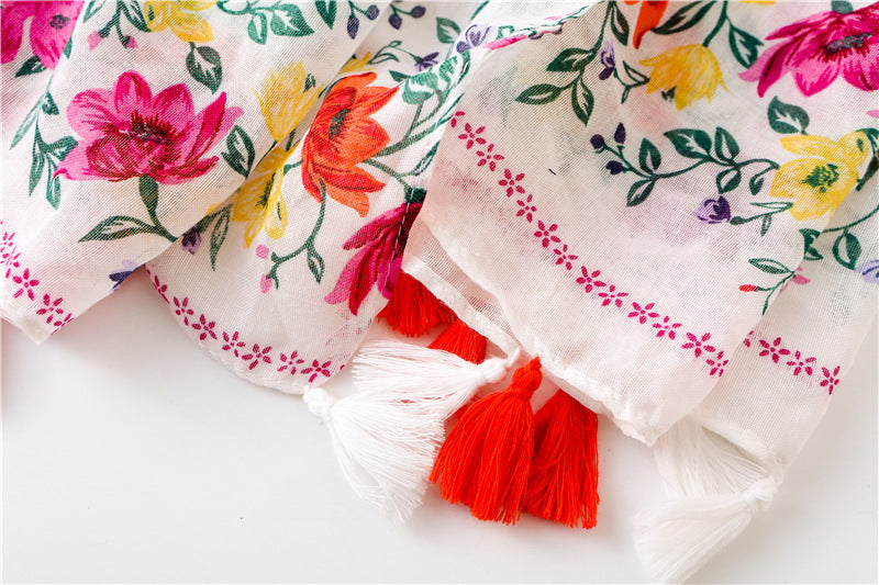 Red flowers green branches print scarf with tassels