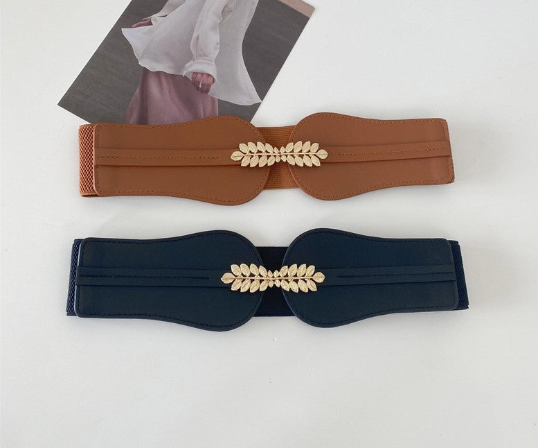 Synthetic leather wide stretch belt with leaves buckles