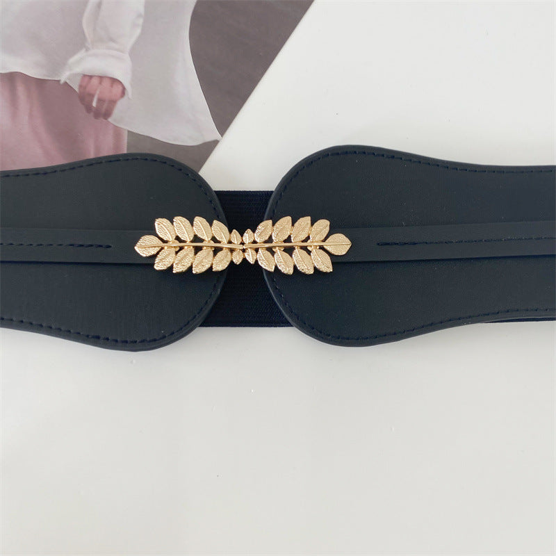 Synthetic leather wide stretch belt with leaves buckles