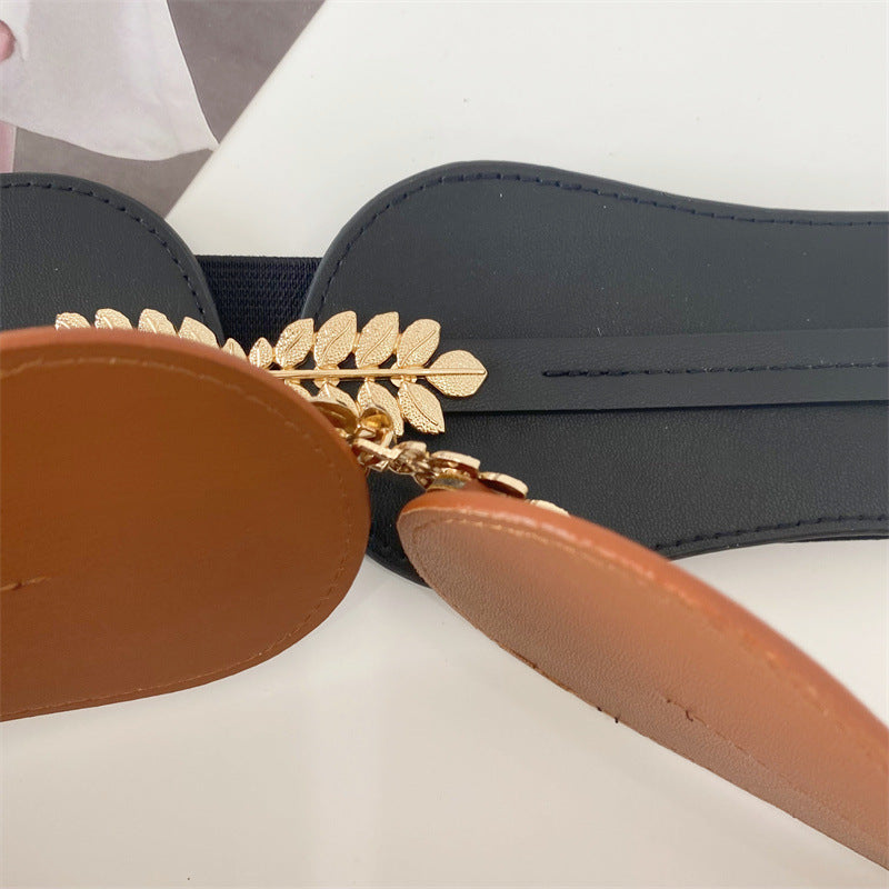 Synthetic leather wide stretch belt with leaves buckles